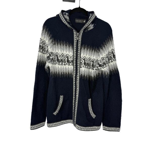 Alpaca Connection Hooded Zip Cardigan Sweater Fair isle Navy Gray Women M - Picture 1 of 8